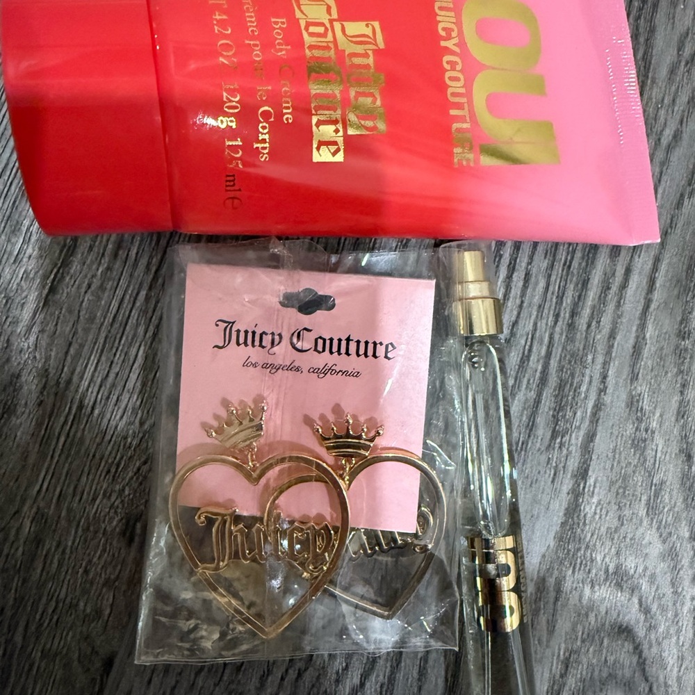 Juicy Couture Gold Heart Earrings and Pink Body Lotion